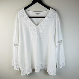 Mercer Madison Linen Blend White Top Plus Size 3X V-Neck 3/4 Sleeve Pullover Boh